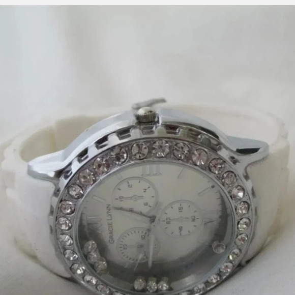 Gracie Lynn Watch White Buckle Band Round Face Silver Toned Rhinestones - Picture 7 of 14